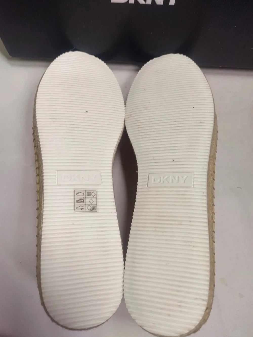 DKNY Tan Woven Espadrille Slip-Ons with White Logo